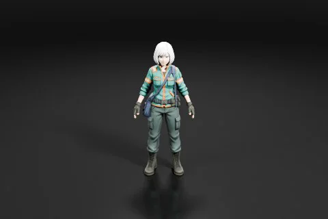 Female character standing in a black background 3D model preview