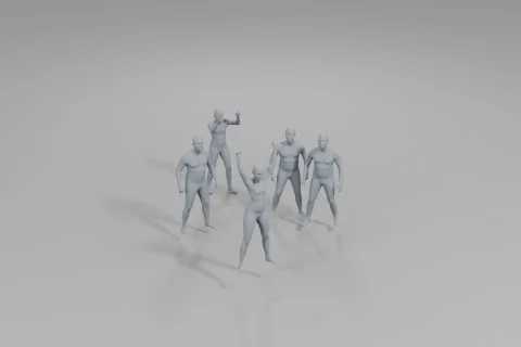 Group of six 3D models of human figures standing in a line on a plain white 3D model preview