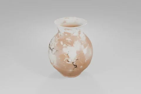Brown ceramic jug with a single handle shows extensive surface cracks and 3D model preview