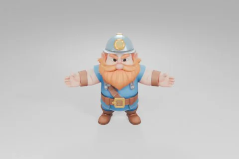 Cartoonish bearded dwarf in blue miner attire stands with arms wide open 3D model preview
