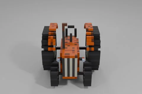 Front view of an old, weathered tractor with large black tires, a worn orange 3D model preview