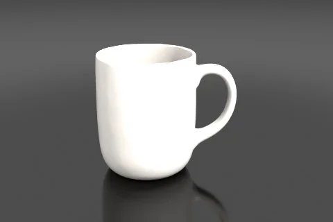 White ceramic mug with a handle on one side and a curved handle on the other 3D model preview
