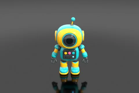 Cute rounded cartoon toy robot, glossy teal and yellow plastic 3D model preview