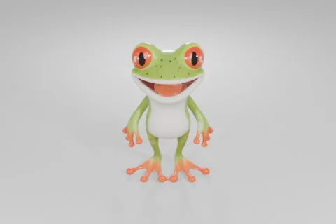 Cheerful cartoon frog with bright orange eyes, green spotted skin, a white 3D model preview