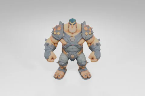 Muscular cartoon warrior stands with a fierce expression, armored in gray 3D model preview