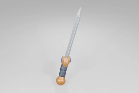 Silver sword with a shiny, double-edged blade features a gold cross-guard 3D model preview