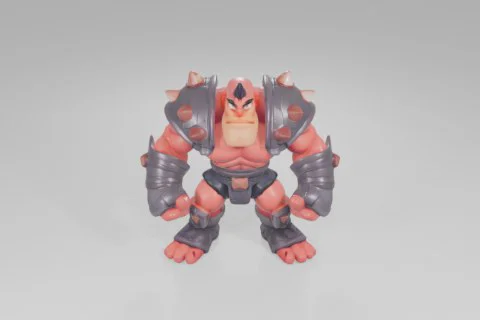 Muscular cartoon warrior with bright red skin and a fierce expression stands 3D model preview
