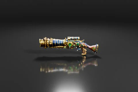 Photograph of a small, ornate object that appears to be a weapon or a weapon 3D model preview