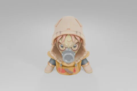 Toy figure with large cartoonish eyes wears a green gas mask and brown hooded 3D model preview