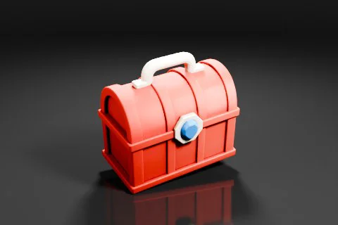Red cartoon-style treasure chest with a white handle and a blue gem on the 3D model preview