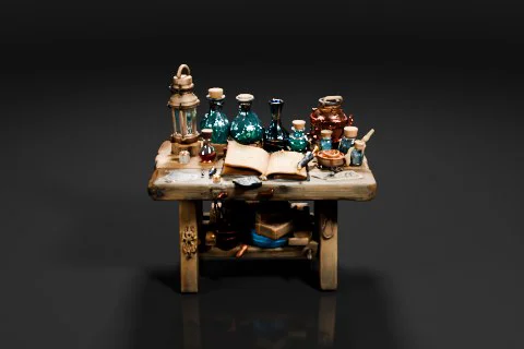 Small wooden table with various objects on it 3D model preview