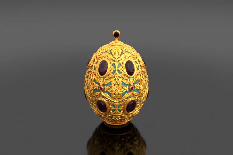 Ornate Fabergé-style jeweled egg with intricate gold filigree lattice and 3D model preview