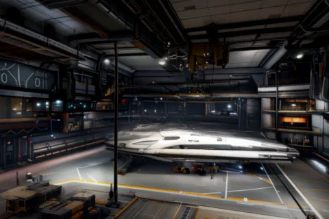 Futuristic space station with a futuristic spaceship in the center 3D model preview