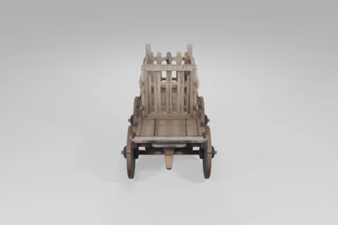 Wooden cart with four large spoked wheels and sturdy planks stands empty 3D model preview