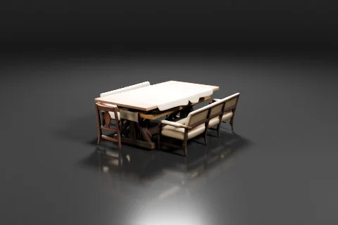 Large wooden table set for eight, surrounded by mixed chairs and benches 3D model preview