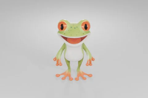 Cheerful cartoon frog with bright orange eyes, green spotted skin, a white 3D model preview