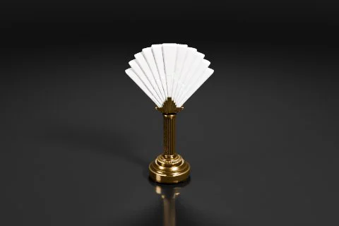 Small, ornate lamp with a golden base and a white fan-like structure on top 3D model preview