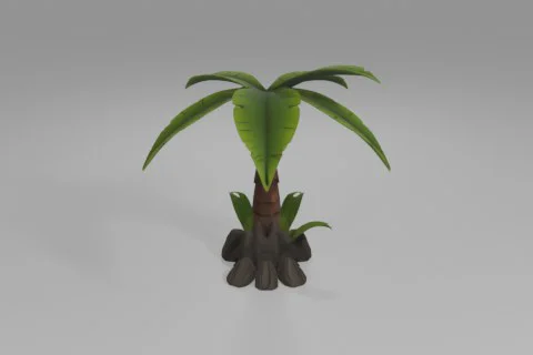 Stylized cartoon palm tree with large segmented green leaves, a curved brown 3D model preview