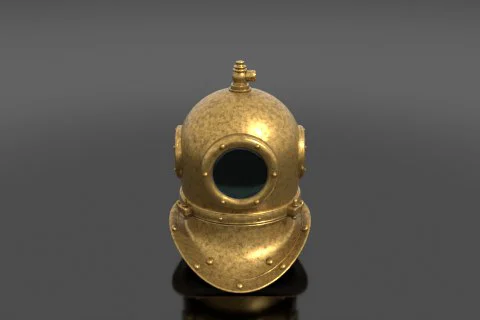 Vintage brass diving helmet, riveted brass, thick glass viewports 3D model preview