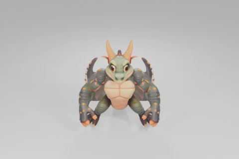 Friendly cartoon dragon with green scaly skin, large orange horns, big 3D model preview