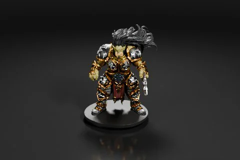 Green-skinned orc warrior stands ready on a black platform, gripping a large 3D model preview