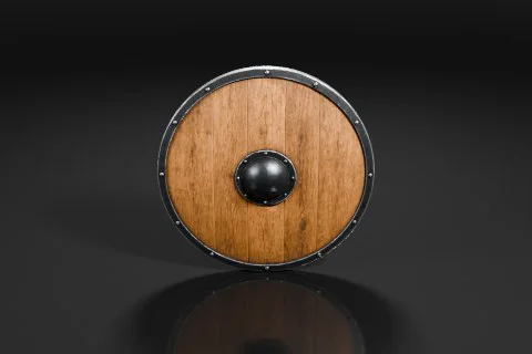 Round wooden shield with a black metal rim 3D model preview