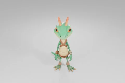 Cartoon lizard character with bright green scales, yellow underbelly, big 3D model preview
