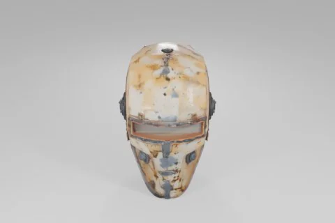 Rusty, weathered metal helmet with a narrow rectangular visor, scattered 3D model preview