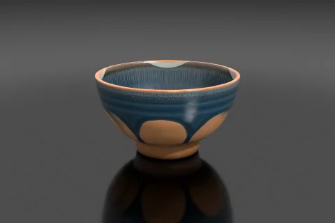 Hand-thrown ceramic ramen bowl with a deep blue drip glaze and rustic uneven 3D model preview