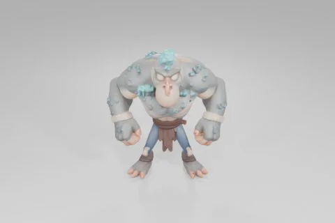 Muscular cartoon monster with glowing orange eyes, rocky skin covered in blue 3D model preview