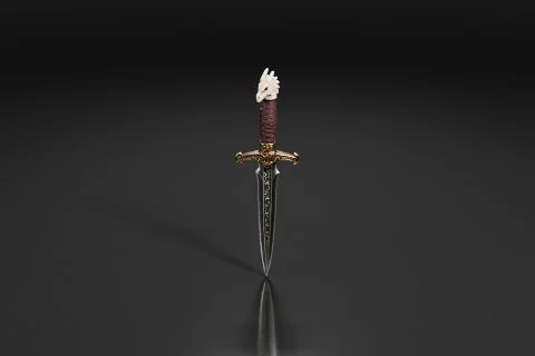 Photograph of a sword with a golden hilt and a red handle 3D model preview