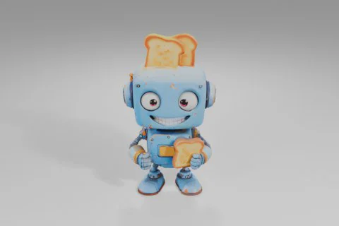 Blue robot with large eyes and a wide smile holds a slice of toast, while two 3D model preview