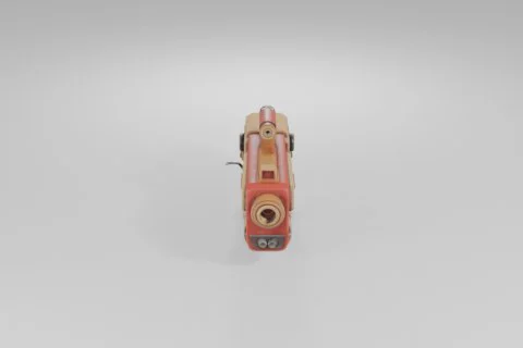 Small, vintage-looking camera with a red body and a gold-colored lens 3D model preview