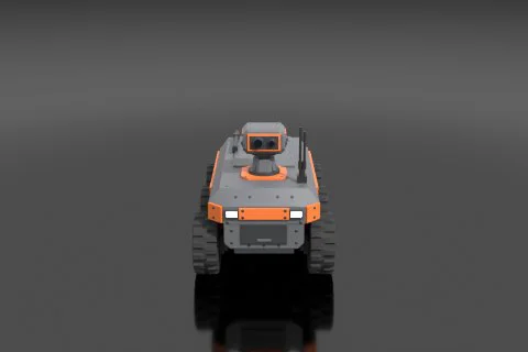 Compact all-terrain scout drone, matte gray and orange chassis, rugged tires 3D model preview