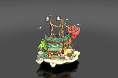 Cartoonish pirate-ship shop perches on a tiny floating island, with torn 3D model preview