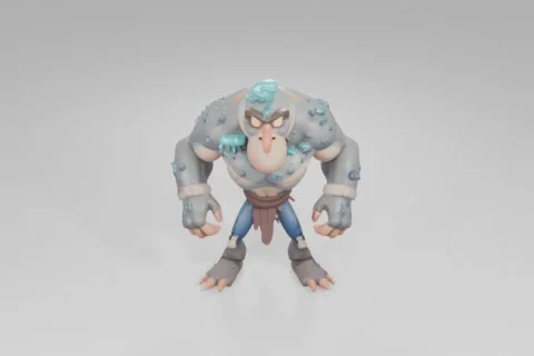 Muscular cartoon monster with glowing orange eyes, rocky skin covered in blue 3D model preview