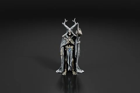 Cloaked, skeletal figure with animal horns holds a staff adorned with large 3D model preview