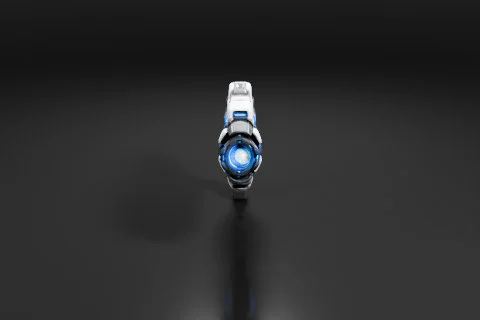 Stylized sci-fi plasma blaster, glowing blue energy core 3D model preview