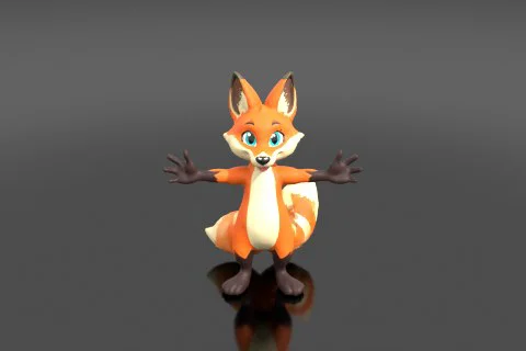 Cel-shaded cartoon fox mascot with oversized ears and a fluffy striped tail 3D model preview