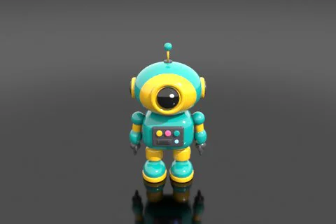 Cute rounded cartoon toy robot, glossy teal and yellow plastic 3D model preview