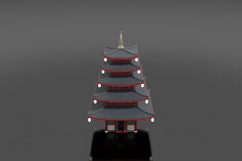 Five-story red-and-black Japanese pagoda with glowing paper lanterns, a tall 3D model preview