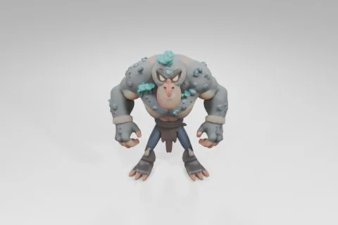 Muscular cartoon monster with glowing orange eyes, rocky skin covered in blue 3D model preview