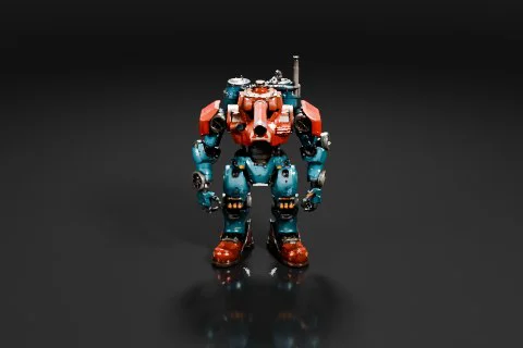 Photograph of a robot-like figure standing on a black background 3D model preview