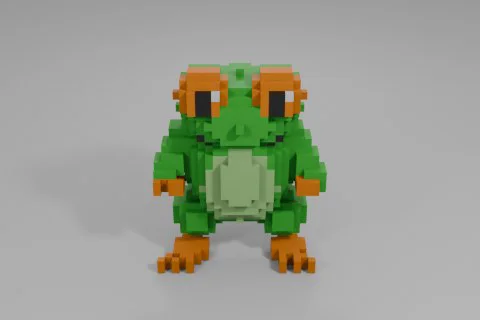 Vibrant green frog with large orange eyes, a wide smile, and bright orange 3D model preview