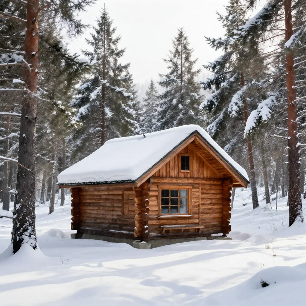 a cozy wooden cabin in snowy pine forest, white background